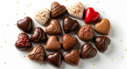 Assorted heart-shaped chocolates on white background for gifting  