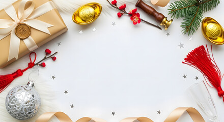 Festive gift box with decorations and seasonal elements on white background  