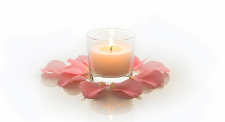 Scented candle surrounded by pink rose petals on reflective surface  