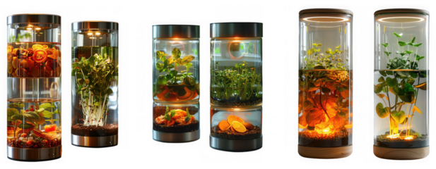 Modern smart indoor garden systems with various plants in cylindrical glass containers, isolated on transparent background