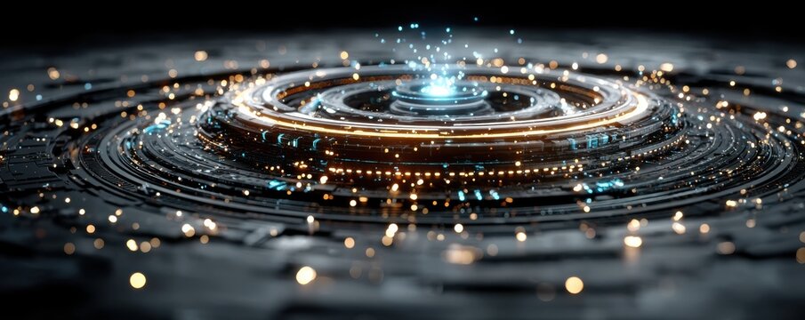 High-tech digital circuit with futuristic glowing elements and dynamic circular patterns