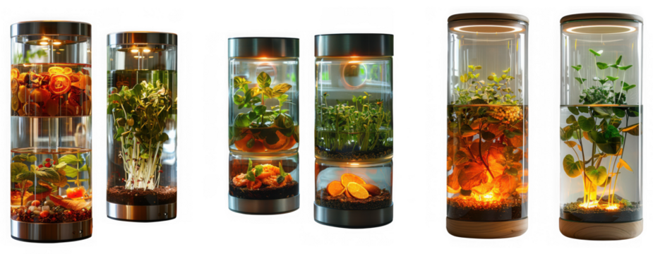 Modern smart indoor garden systems with various plants in cylindrical glass containers, isolated on transparent background - Powered by Adobe