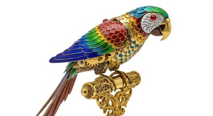 Colorful Mechanical Parrot Perched on Ornate Golden Stand with Detailed Feathers Jeweled Eyes Antique Toy Bright Plumage Detailed Metalwork