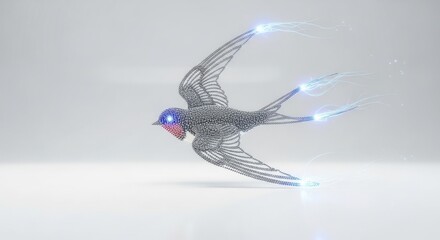Metallic Swallow Artificial Intelligence Emitting Electric Energy Isolated on White Background Digital Robotic Avian Metallic Structure Bird Concept Created by 3d Rendering