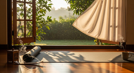 Tranquil Morning Yoga Setup by Open Window and Sunny Garden
A peaceful and atmospheric indoor shot capturing a dedicated space for mindfulness and exercise