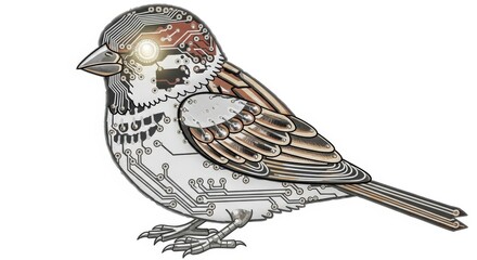 Sparrow Bird Technological Artificial Intelligence with Circuit Board Design Isolated on White Background Digitally Rendered Modern Concept of Digitalization