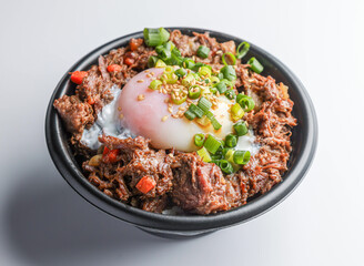 Japanese Beef tendon Gyudon bowl, perfect for showcasing culinary excellence and healthy eating. Fresh ingredients create a mouthwatering experience