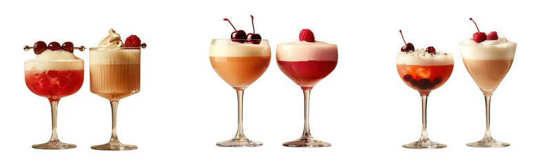 Collection of elegant cocktails with whipped cream and fresh fruit garnishes, isolated on transparent background
