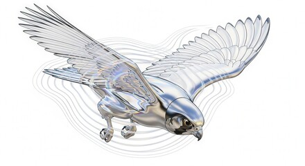 Chrome Falcon Soaring Through Air with Metallic Feathers Reflecting Light and Sleek Design with Artistic Background Element Reaching for Unseen Heights Symbol of Modern Avian Marvel