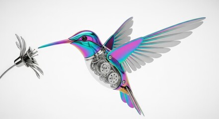 Clockwork Hummingbird Hovering Near Metal Flower with Intricate Gears Displaying Mechanical Beauty and Jewel Tone Colors in Garden Symbolizing Precision Engineering