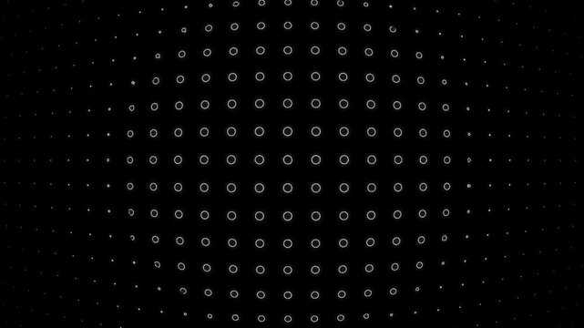 Halftone dot wave motion pattern seamless looped background. Animated grid of white dots texture against black backdrop, gradient effect overlay