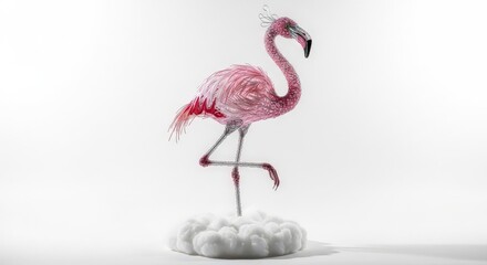 Elegant pink flamingo sculpture gracefully poised on cloud base intricate wire construction highlighting delicate form against pristine white setting showcasing artistry