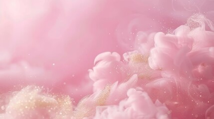 Pastel pink smoke clouds mixing with shimmering gold dust, elegant soft focus Valentine design