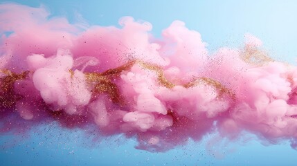 Pastel pink smoke clouds mixing with shimmering gold dust, elegant soft focus Valentine design