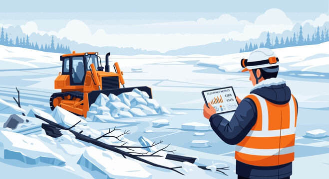 Ice Road Construction: Supervisor Overseeing Snow Removal with Digital Metrics