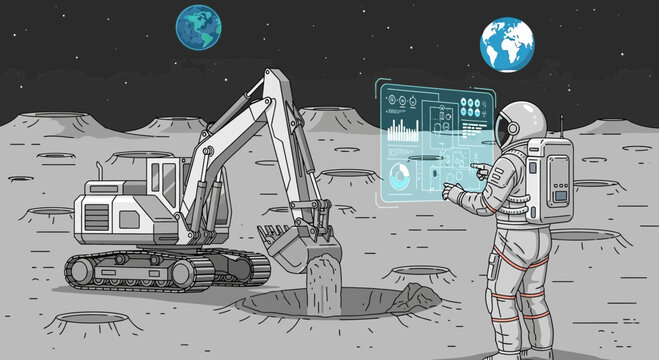 Lunar excavation project: An astronaut employing futuristic technology on the moon