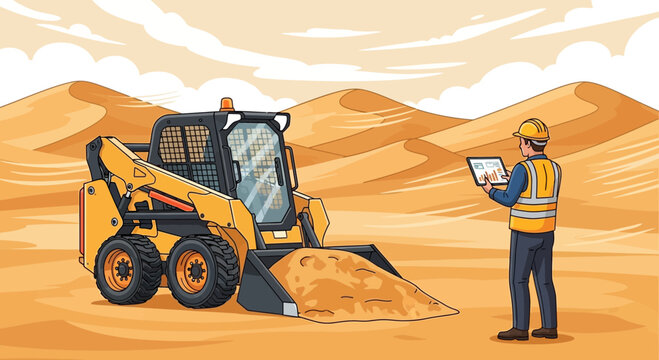 Engineer planning desert infrastructure with skid-steer loader using digital tablet