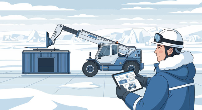 Arctic logistics: worker oversees container lifting with telescopic handler in frozen landscape