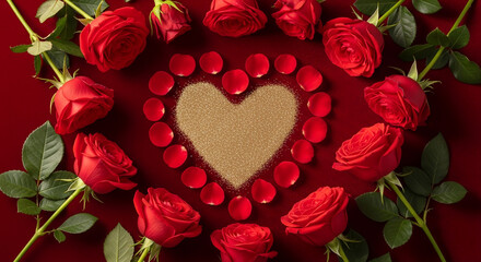 Romantic arrangement of red roses and scattered rose petals surrounding a golden heart shape on a deep red background for Valentine’s Day or love-themed celebration
