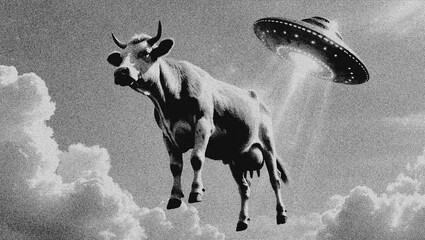 UFO Cow Abduction Vintage Halftone Illustration, Surreal Retro Sci Fi Concept Art, Funny Black and White Poster Design