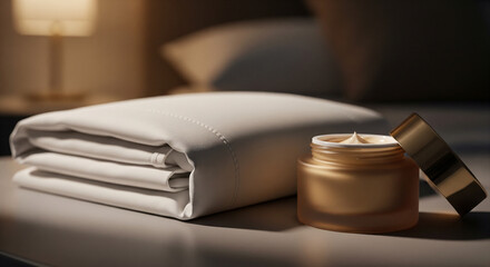 Luxurious Night Routine: Cream Jar and Crisp White Linen
A warm, close-up, and moody indoor shot captures a sense of evening comfort and luxury