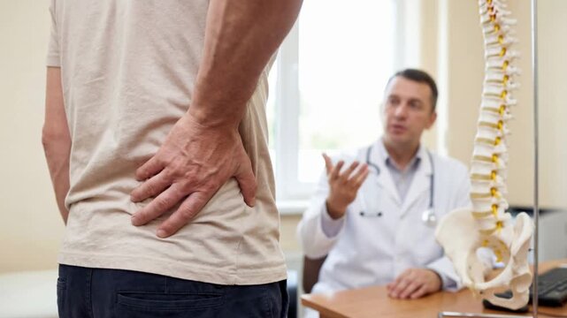 Man with back pain consulting doctor in clinic with spine model for diagnosis and orthopedic treatment discussion.