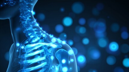 Glowing points illustrate chronic pain symptoms in fibromyalgia affecting the human body