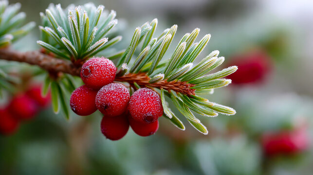Red berries on frosty pine. Bright red berries cling to a frosted pine branch under cold conditions, showcasing winter's beauty and detail.
