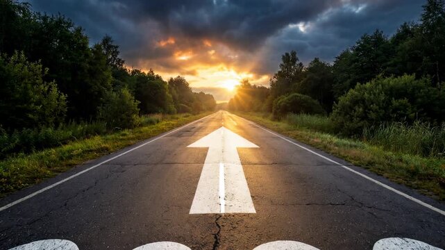Straight road with 2026 and arrow painted on asphalt leading to sunrise symbolizing future journey and new beginnings.