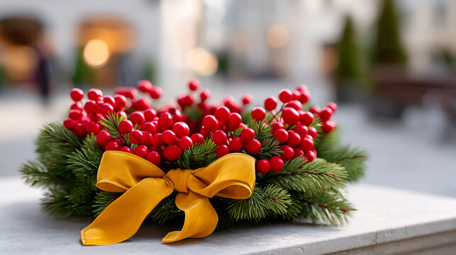 Red berry wreath with bow. Bright red berries and green pine create a cheerful wreath in a festive outdoor market.