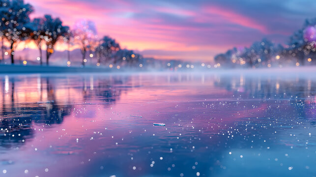 Winter sunset over a frozen lake scene. A serene winter sunset illuminates a frozen lake with vibrant colors and sparkling ice.