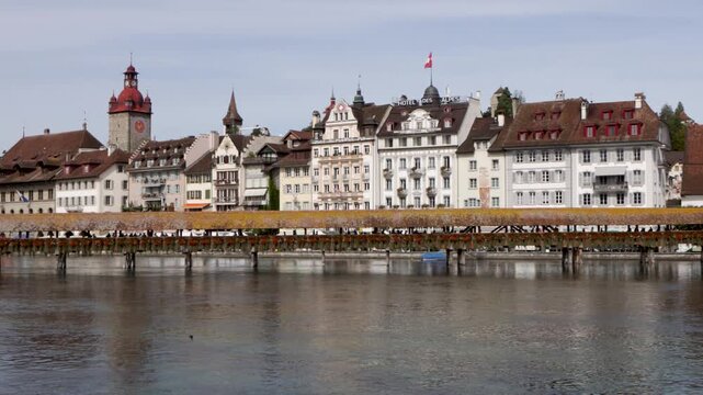 The Chappel tower and Chapel Bridge in Lucerne over the river Reuss