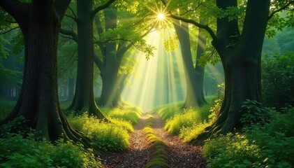 Naklejka premium Sun-dappled forest path meanders through ancient trees, sunlight filtering through leaves creating a magical atmosphere Perfect for nature, travel, and fantasy themes , path, canopy