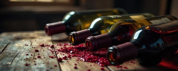 Close-up of empty wine bottles scattered on a wooden table, hinting at excessive alcohol consumption and potential alcoholism The image evokes feelings of loneliness and despair , ros?, wine