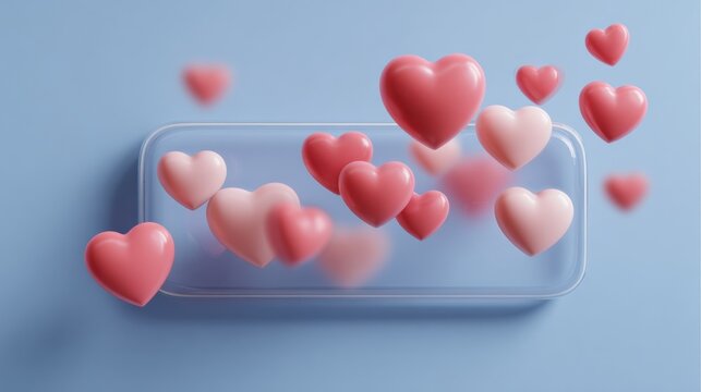 Translucent UI Panel With Glassmorphism Effect Featuring Hearts Floating in a Light Blue Background