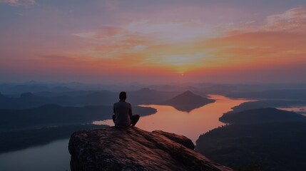 Silhouette of a person sitting on a rock overlooking a serene lake at sunset with vibrant colors