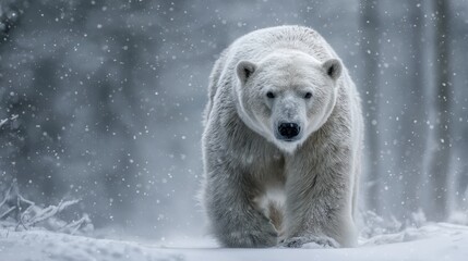 Majestic white bear approaches through falling snow in a winter landscape