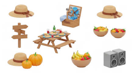 Collection of miniature kitchen appliances and food items isolated on transparent background