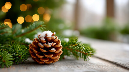 Pine cone winter decor table. A snow-dusted pine cone rests on a wooden table with green pine branches and softly glowing lights in the background.