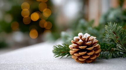 Winter scene with pinecone and greenery. A snow-dusted pinecone lies on snow, framed by green branches and warm holiday lights.