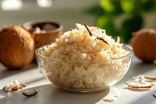 Steamed coconut rice topped with shredded coconut high resolution picture
