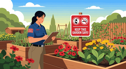 Fire Safety Volunteer Inspecting a Community Garden with a Safety Sign