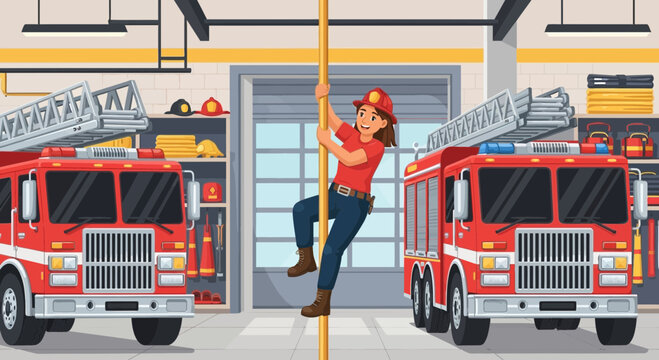 Firefighter descends on a golden pole inside the fire station cartoon illustration