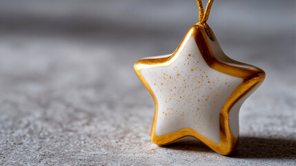 Gold-edged star ornament. A white star ornament with golden trim sits on a gray surface, reflecting light beautifully.