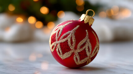 Red Christmas ornament on table. A red ornament with gold patterns rests on a marble table, framed by soft holiday lights in the background.