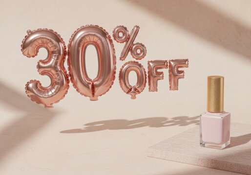 Rose gold 30 percent off sale announcement with elegant nail polish bottle and soft shadow play