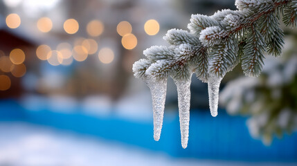 Icicles hanging on a frosted pine branch. Icicles form on a frosted pine branch under soft winter light, creating a serene winter scene in a snowy landscape.