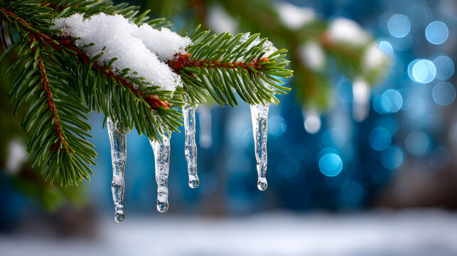 Winter scene with icicles. Snow-covered pine branches display icicles under bright blue lights in a serene winter landscape.