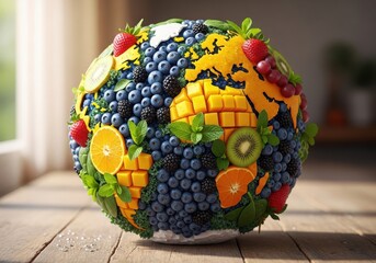 A vibrant globe crafted entirely from fresh colorful fruits and vegetables symbolizing global health and natural abundance on a wooden surface
