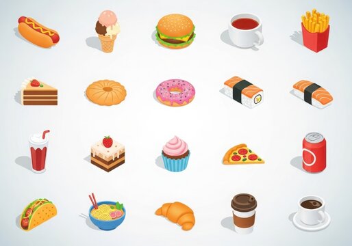 A vibrant collection of delicious isometric food and drink icons perfect for illustrating menus recipes or culinary themes